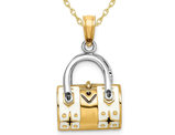 14K Yellow Gold 3-D White Enameled Handbag Moveable Charm Pendant Necklace with Chain